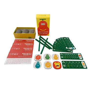 Quickity Pickity family game by Oink Games featuring colorful cartoon characters and playful game components on a table.