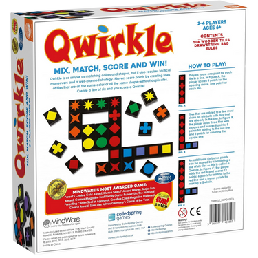 Colorful Qwirkle abstract game pieces arranged in a grid, featuring wooden tiles with various shapes and vibrant colors, by MindWare.