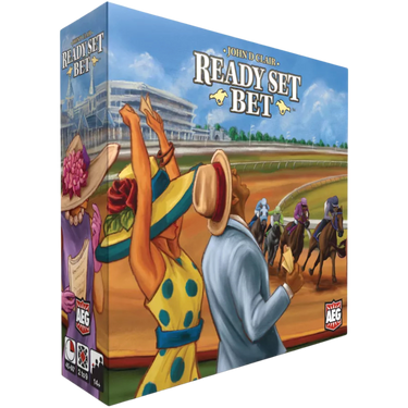Ready Set Bet party game by Alderac Entertainment Group featuring colorful cards and game components on a table.