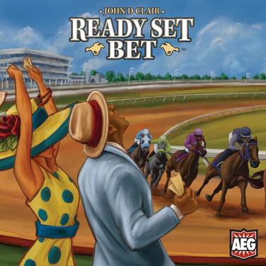 Ready Set Bet party game by Alderac Entertainment Group, featuring colorful game components and betting cards on a table.