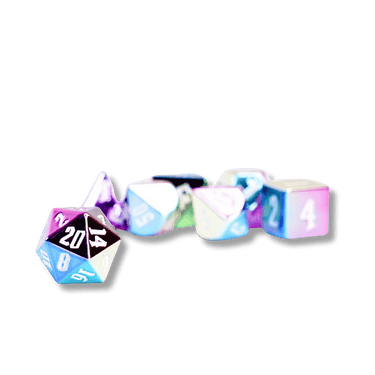 Rainbow Aegis w/ White Numbers 16mm Aluminum Plated Acrylic Poly Dice Set - Thirsty Meeples