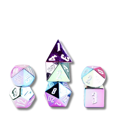 Rainbow Aegis w/ White Numbers 16mm Aluminum Plated Acrylic Poly Dice Set - Thirsty Meeples