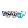 Rainbow Aegis w/ White Numbers 16mm Aluminum Plated Acrylic Poly Dice Set - Thirsty Meeples