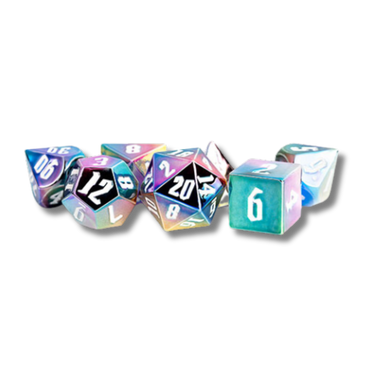 Rainbow Aegis w/ White Numbers 16mm Aluminum Plated Acrylic Poly Dice Set - Thirsty Meeples