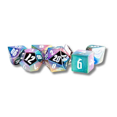 Rainbow Aegis w/ White Numbers 16mm Aluminum Plated Acrylic Poly Dice Set