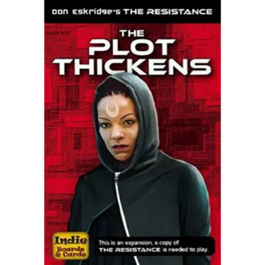 Image of The Resistance: The Plot Thickens party game by Indie Boards & Cards, showing colorful game cards and components on a table.