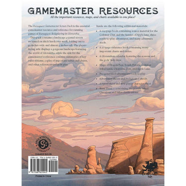 RuneQuest Gamemaster Screen Pack featuring detailed charts and artwork for Chaosium's tabletop RPG game.