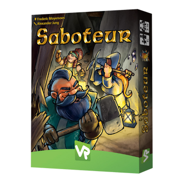 Image of Saboteur party game by Amigo, featuring colorful cards and game components for engaging social gameplay.