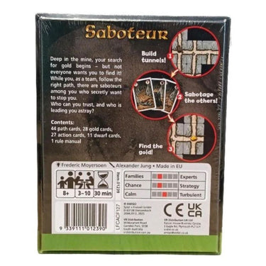 Image of Saboteur party game by Amigo, showing colorful cards and game pieces for a fun, strategic board game experience.