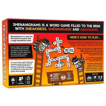 Shenanigrams party game by Happy Yeti Games featuring colorful cards and game components for fun social activities.