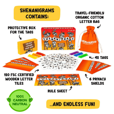 Shenanigrams party game by Happy Yeti Games featuring colorful cards and game components for fun group activities