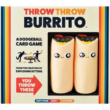 Exploding Kittens Throw Throw Burrito party game with colorful plush burritos and game cards on a table.