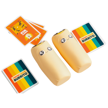 Exploding Kittens Throw Throw Burrito party game with colorful plush burritos and cards for fun indoor play