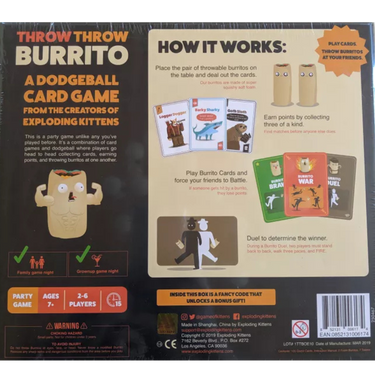 Exploding Kittens Throw Throw Burrito party game with colorful plush burritos and game cards on a wooden table.