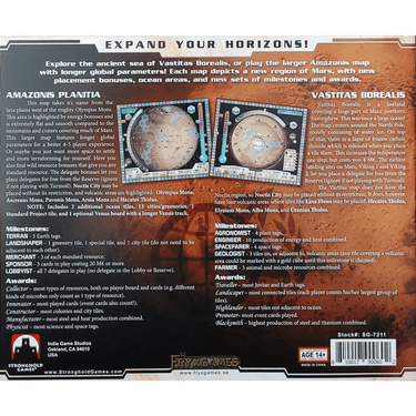 Strategy game Terraforming Mars: Amazonis & Vastitas by Stronghold Games, featuring game components and artwork from the set.