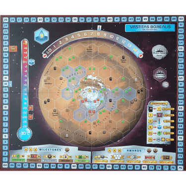 Terraforming Mars strategy game box featuring Amazonis and Vastitas expansion by Stronghold Games.