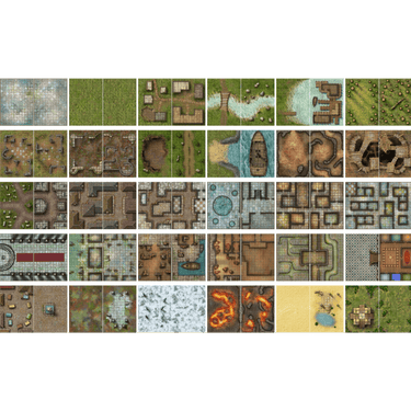Open page of The Giant Book of Battle Mats (Revised) by Loke Battle Mats, featuring detailed RPG battle map designs.