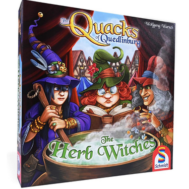 Family game box for The Quacks of Quedlinburg: Herb Witches by Schmidt Spiele, featuring colorful illustrations of witches and herbs.