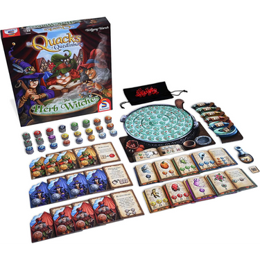 Family game The Quacks of Quedlinburg: Herb Witches by Schmidt Spiele, featuring colorful game components and illustrated character art.