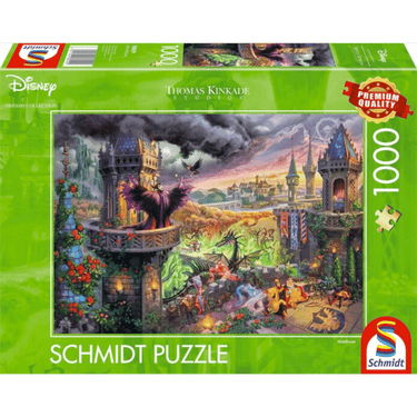 Adult puzzle featuring Thomas Kinkade's Maleficent artwork, 1000 pieces, by Schmidt, showing vibrant fantasy scene with detailed design.