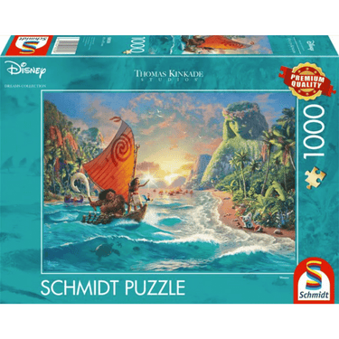 Adult puzzle by Schmidt featuring Thomas Kinkade's Moana artwork, showing a colorful scene of the Disney character on the box cover.