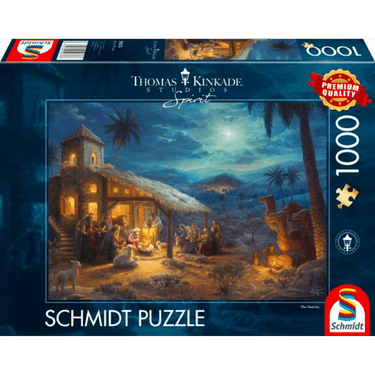 Thomas Kinkade Spirit The Nativity adult puzzle by Schmidt featuring a peaceful nativity scene with warm, glowing lights and detailed artwork.