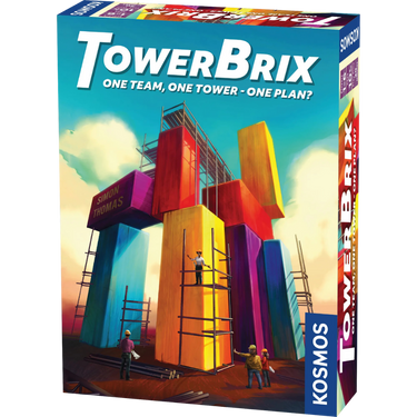 KOSMOS TowerBrix abstract game with colorful tower pieces and game accessories on a white background.