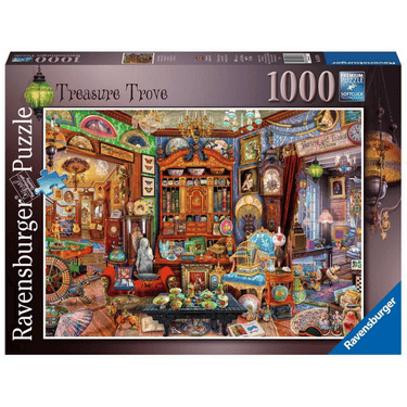 Ravensburger Aimee Stewart Treasure Trove adult puzzle featuring colorful, detailed artwork with treasure and fantasy elements.