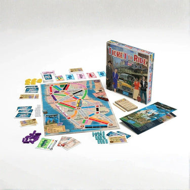 Family board game Ticket To Ride: New York by Days of Wonder, featuring colorful game pieces and a map of New York City.