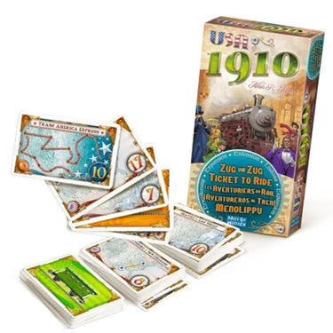 Ticket to Ride: USA 1910 family board game by Days of Wonder, featuring colorful map and train cards for strategic gameplay.
