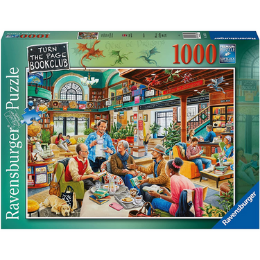 Ravensburger adult puzzle titled "Turn the Page" featuring a detailed book club scene with books and cozy reading atmosphere.