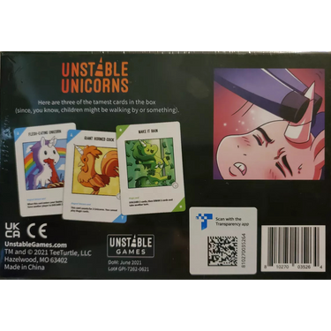 Unstable Unicorns NSFW Base Game party game box featuring colorful unicorn illustrations and bold lettering.