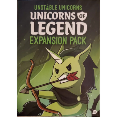 Unstable Unicorns: Unicorns of Legend party game box with colorful unicorn illustrations and game components on a table.