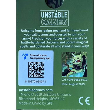 Unstable Unicorns: Unicorns of Legend party game box featuring colorful unicorn illustrations and fantasy-themed artwork.