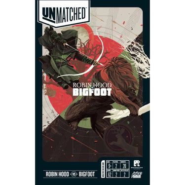 Strategy game box cover for Unmatched: Robin Hood vs. Bigfoot by IELLO, featuring artwork of Robin Hood and Bigfoot characters.