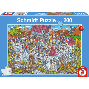 Children's puzzle by Schmidt showing a view into the Knight’s Castle with 200 pieces, colorful and detailed castle scene.
