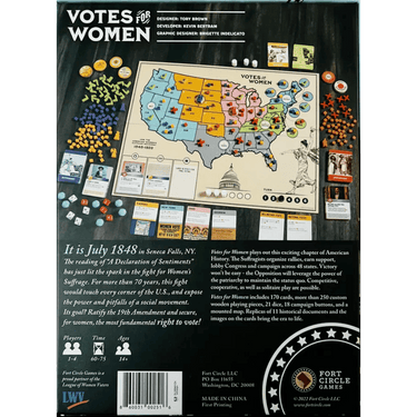 Strategic board game "Votes for Women" by Fort Circle Games, featuring colorful game pieces and voting-themed design elements.
