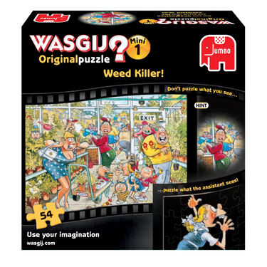 Adult puzzle by Wasgij, original mini edition titled "Weed Killer," featuring colorful puzzle pieces and garden scene.