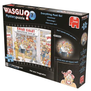 Wasgij Retro Mystery 7 adult puzzle titled "Everything Must Go!" showing a colorful illustration of a busy yard sale scene.