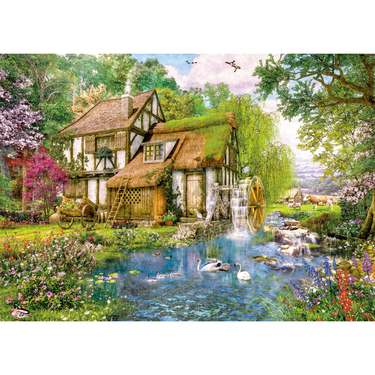 Adult Falcon de luxe Watermill Cottage puzzle showing a scenic watermill and cottage scene with detailed countryside landscape.