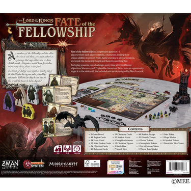 Strategy game box for The Lord of the Rings: Fate of the Fellowship by Z-Man Games, showing colorful artwork and game components.