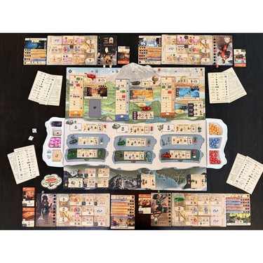 Braided Skies set up for five players at the end of a game
