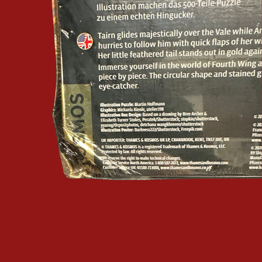 Fourth Wing: Dragons (DAMAGED) - heavy crush damage across the lower left corner of the box back, with deep creasing along the bottom edge