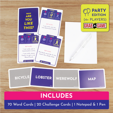 Exploding Kittens' Why Are You Like This? Grab & Game party game box with colorful cards and game components for fun group play.