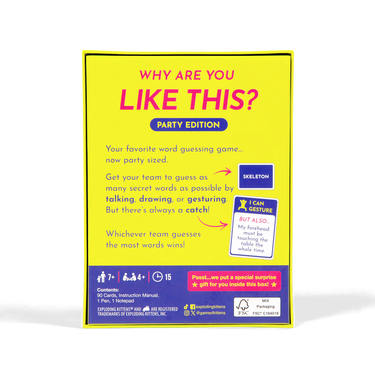 Exploding Kittens' "Why Are You Like This? Grab & Game" party game box with colorful artwork and game components visible.
