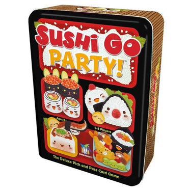 Family game board for Sushi Go Party! by Gamewright, featuring colorful sushi-themed cards laid out on a table.