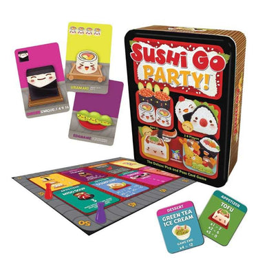 Family game of Sushi Go Party! by Gamewright featuring colorful sushi-themed cards for fun, strategic gameplay.