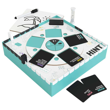 Bezzerwizzer HINT party game with colorful game cards and tokens, designed for fun group quiz and trivia challenges.