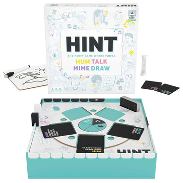 Bezzerwizzer HINT party game with colorful game pieces and cards for engaging family and friends game night.