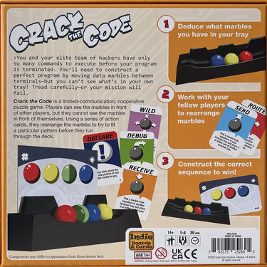 Abstract game "Crack the Code" by Indie Boards & Cards featuring colorful puzzle pieces on a game board.